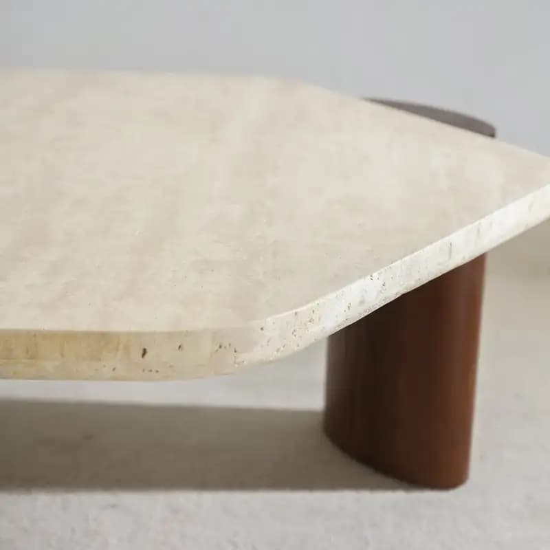 Natural Travertine Coffee Table with Walnut Wood Legs Back